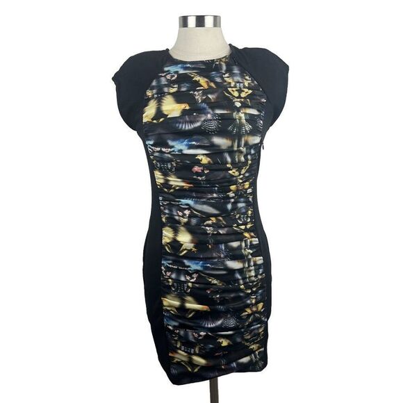 Ted Baker Dress 6 Womens Black Multicolor Print Ruching Mini Sheath Stretch - Picture 1 of 9